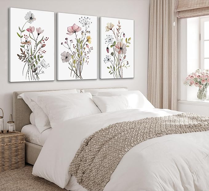 3Pcs Watercolor Wildflower Canvas Wall Art Modern Minimalist Colorful Botanical Floral Painting Pictures Wall Decor Flower Posters Print Artwork for Living Room Bedroom Home Decoration