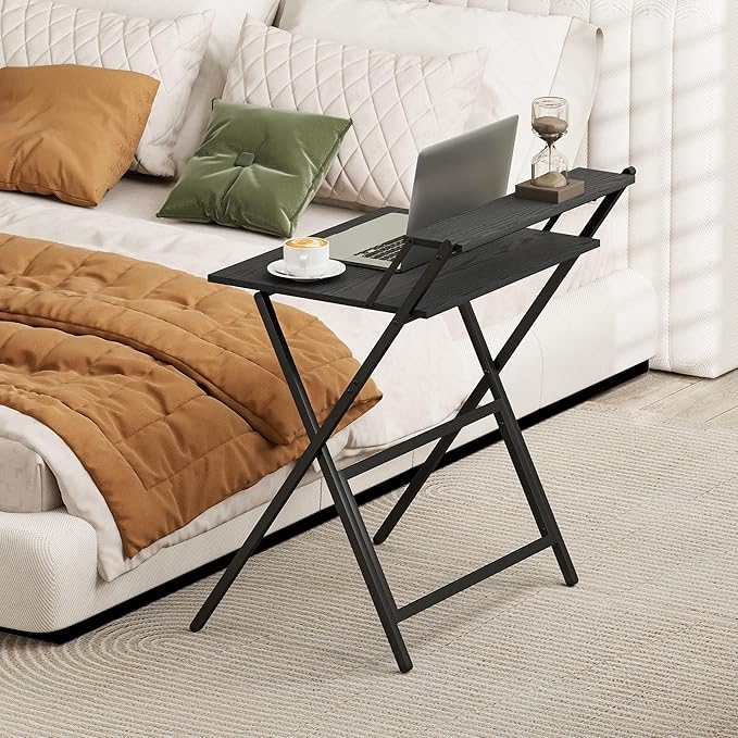 HOMCOM Small Folding Desk, 27.6 Inch Foldable Computer Desk with Monitor Shelf, Space Saving Portable Writing Table for Small Spaces, Home Office, Study, Easy Assembly, Black