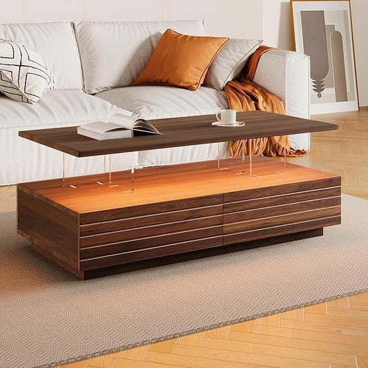 LED Coffee Table with 2 Large Drawers, 47.2" Multi-Color Adjustable Lighting & Ample Storage for Magazines for Living Room, Modern Rectangular Sturdy Engineered Wood Tea Table for Furniture, Walnut