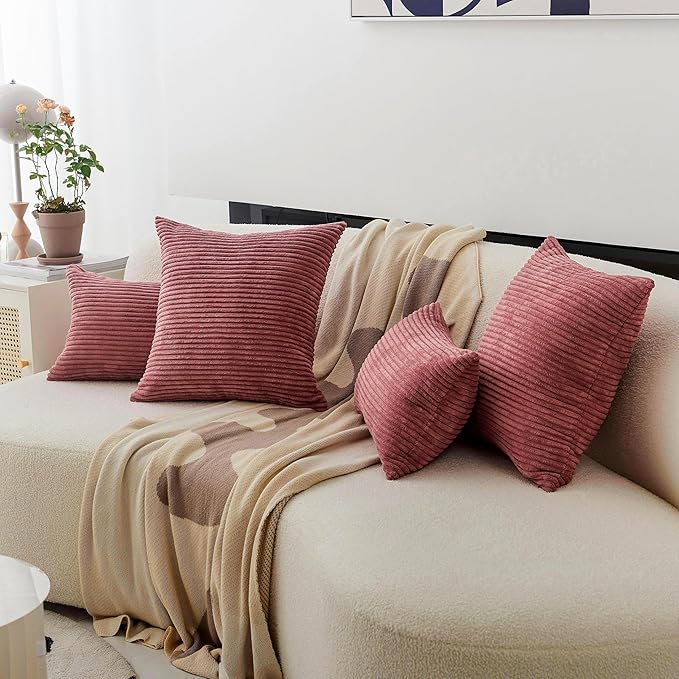 Home Brilliant Pillow Covers 18x18 Set of 2 Decor Striped Velvet Corduroy Decorative Pillow Cases Gift for Girl, 18 x 18 inch, Dry Rose Pink