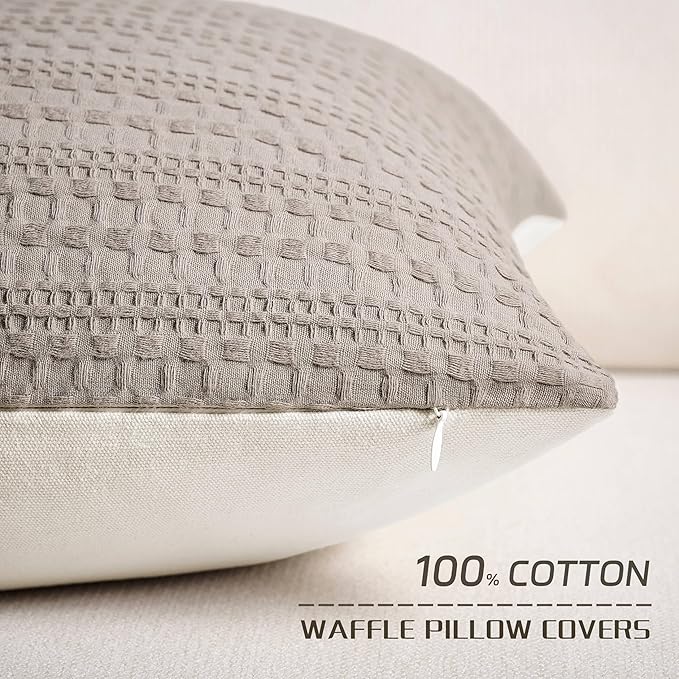ZeeMart 100% Cotton Waffle Textured Throw Pillow Covers Set of 2, 22x22 Inch Cocoa Brown, Soft Farmhouse Decorative Couch Pillow Cases Brown Cushion Covers for Sofa Bed Living Room Home Decor