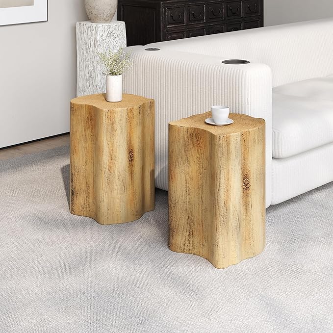 kevinplus 2-in-1 Irregular Nesting Side Table End Table Set of 2 for Living Room, MGO Material for Indoor & Outdoor, Natural Wood Grain, No Assembly, Natural
