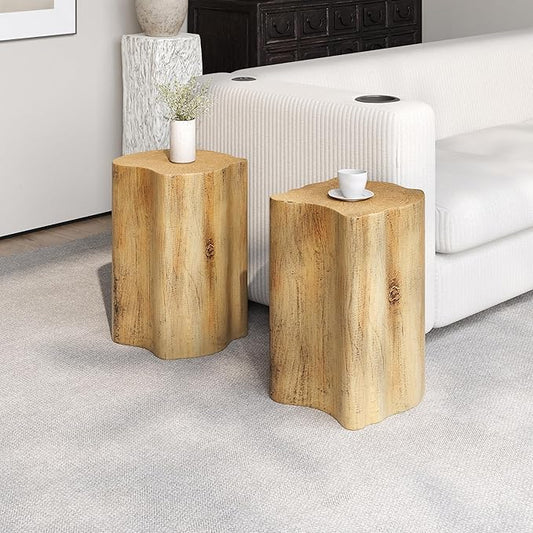 kevinplus 2-in-1 Irregular Nesting Side Table End Table Set of 2 for Living Room, MGO Material for Indoor & Outdoor, Natural Wood Grain, No Assembly, Natural