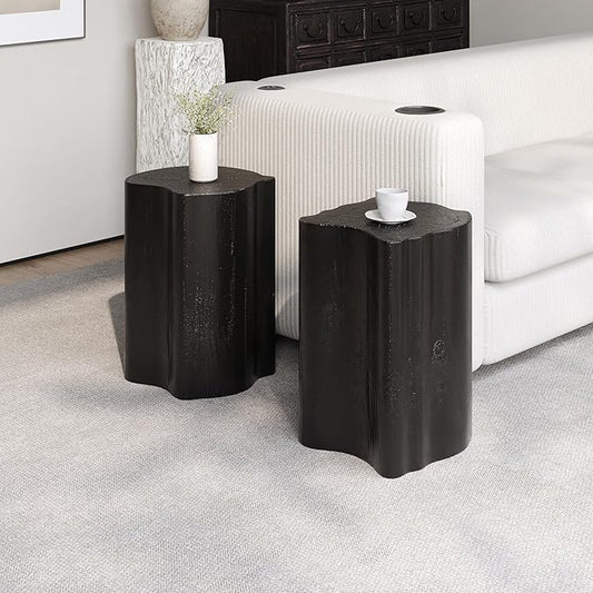 kevinplus 2-in-1 Irregular Nesting Side Table End Table Set of 2 for Living Room, MGO Material for Indoor & Outdoor, Natural Wood Grain, No Assembly, Black