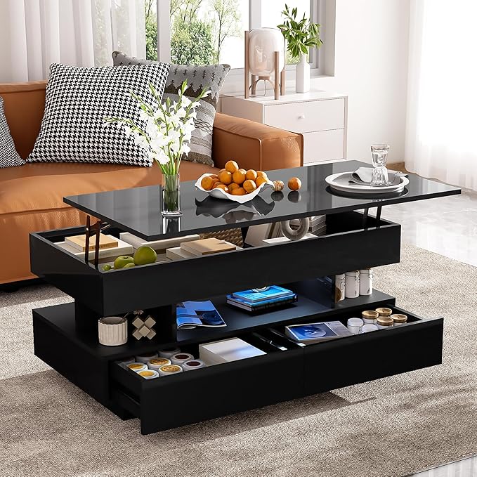 Lift Top Coffee Table with 2 Drawers and LED Lights, Modern 39.3" Rectangular High-Gloss Center Table Cocktail Tea Table with Lift-Top and Hidden Space for Living Room Apartment Black