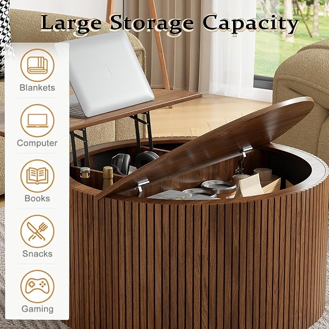 Mid Century Round Fluted Lift Top Coffee Table, Modern Center Table with Storage and Compartment, 2 Tier Small Circle Dining Table, for Living Room, Home Small Space, Walnut Oak