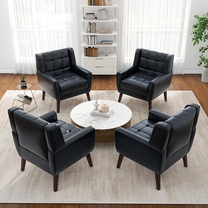 Pia Ricco 2 Pack Mid Century Modern Accent Chairs, Button Tufted Faux Leather Armchairs - Easy-Clean Matching Set for Living Room, Durable Sofa Chairs for Home Office & Lounge, Black