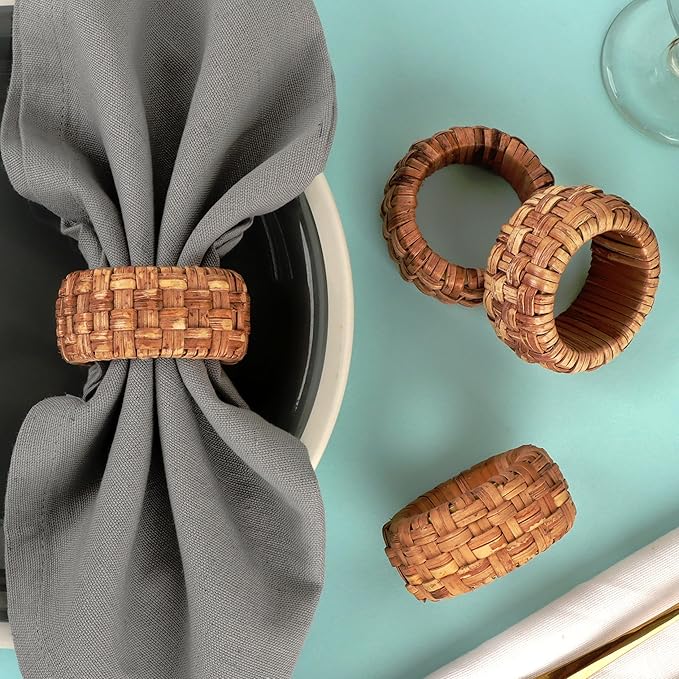 Nautical Coastal Rattan Napkin Rings - Set of 6 Natural Beach, Party & Dining Table Decor, Handcrafted Rustic Napkin Holders, Home & Kitchen Accessory (Brown) - ALPHA Living HOME