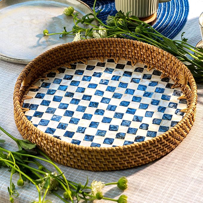 JUNGLE CULTURE Large Rattan Serving Tray 14" with Mother of Pearl Inlay • Coastal Boho Collection • Handcrafted Serving Tray with Handles • Round Woven Table Trays for Home • Wicker Basket – Drift