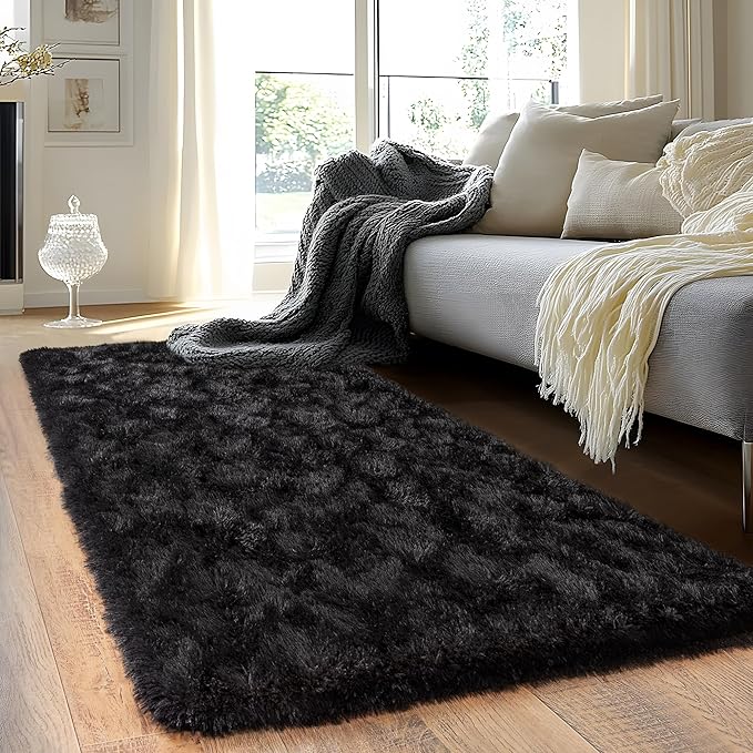 Black Runner Rug for Bedroom Hallways, 2x6 Fluffy Throw Area Rugs Non Slip for Bedside Dorm, Long Soft Shag Carpet for Nursery Living Room