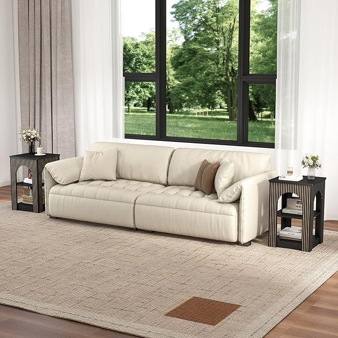 End Table Set of 2, Mid-Century Modern Side Table with 3-Tier Storage Shelves and Arched Carving Lines, Square Fluted Nightstand for Living Room, Bedroom, or Office (2, Black)