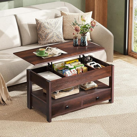 WLIVE Coffee Table, Lift Top Coffee Table with 2 Drawers, Large Hidden Hidden Compartment and Open Shelf, Lift Tabletop, Dining Table for Living Room, Espresso