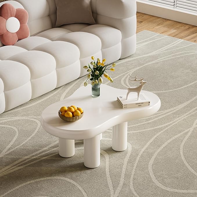 39.37" Cloud Coffee Table, Modern Coffee Table Small Coffee Table, 39.37 inch Wood Coffee Table Center Table, Cloud Shaped Accent Sofa Side Coffee Table for Living Room Apartment, Cream White