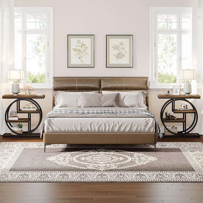 Tribesigns End Table Set of 2, 4-Tier Narrow Side Table with Storage Shelves, Wood Small Sofa Side Table with Geometric Metal Frame, Industrial Bedside Table for Bedroom, Living Room, Rustic Brown