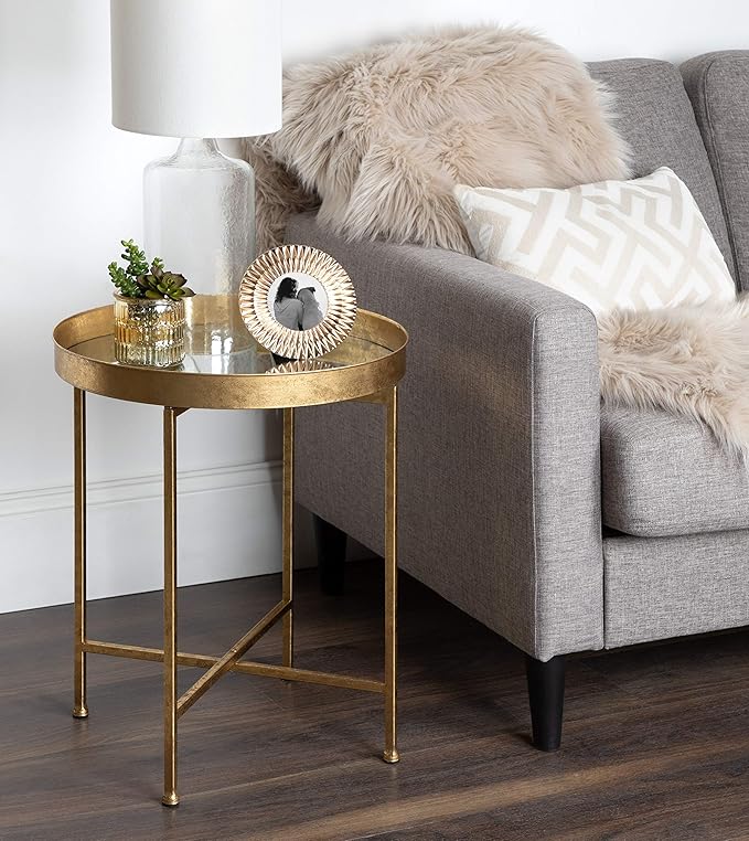 Kate and Laurel Celia Metal Foldable Round Accent Table, 18.25" x 18.25" x 22", Glass Surface and Gold Frame, Modern Minimalist Design and Detachable Magnetic Tabletop