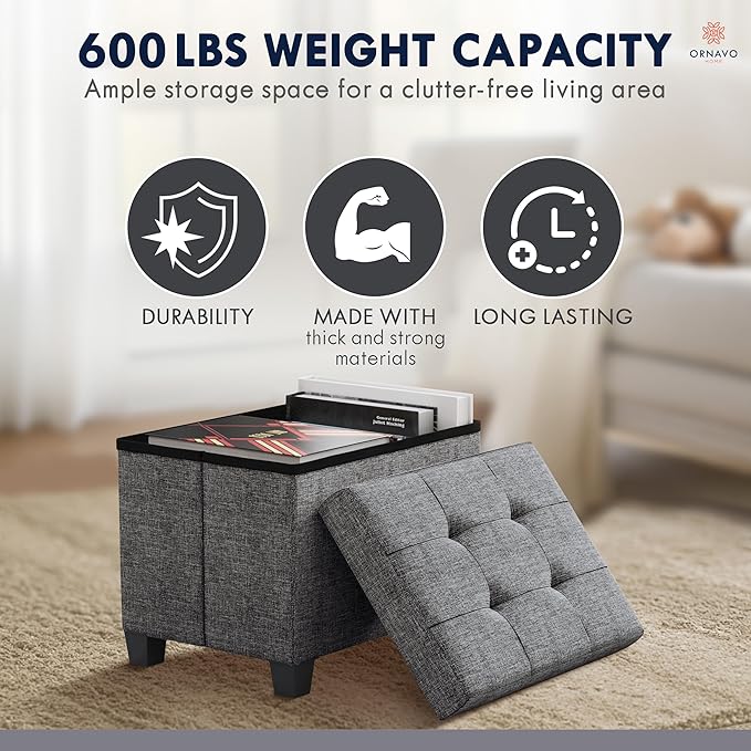Ornavo Home Storage Ottoman Small Rectangle Ottoman with Legs, Foot Rest Stool Seat, Load up to 600 LB, for Living Room, Bedroom, Home Office, Dorm - 12 x 16 x 12, Dark Gray
