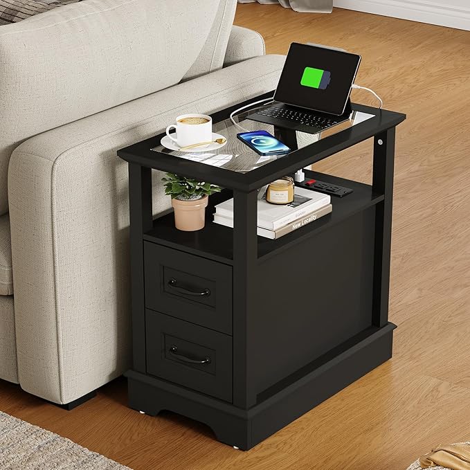 LINSY HOME Narrow End Table with Charging Station, Side Table with Glass Top, Open Shelf, and 2 Drawers, Small Sofa Table with Storage for Living Room, Black