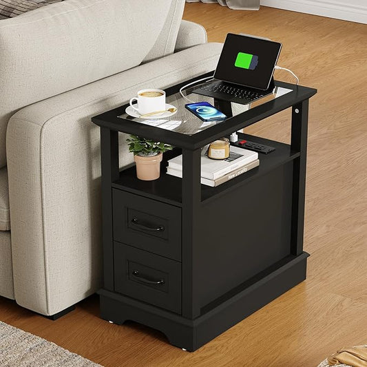 LINSY HOME Narrow End Table with Charging Station, Side Table with Glass Top, Open Shelf, and 2 Drawers, Small Sofa Table with Storage for Living Room, Black