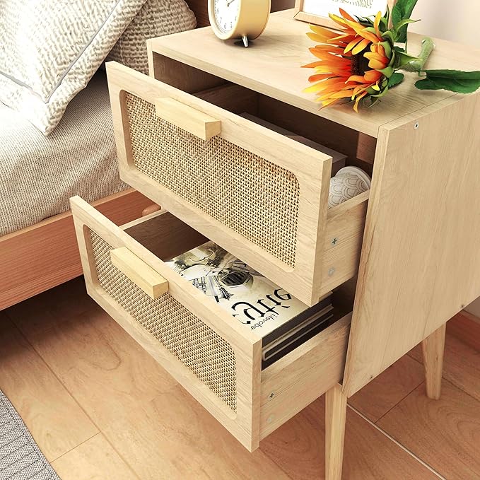 Rattan Nightstand Set of 2,Side Table with Hand Made Rattan Decorated Drawers,Boho Bedside Table,Wood Accent Table with Storage for Small Space,Livingroom, Bedroom, Natural CTG59Y-2