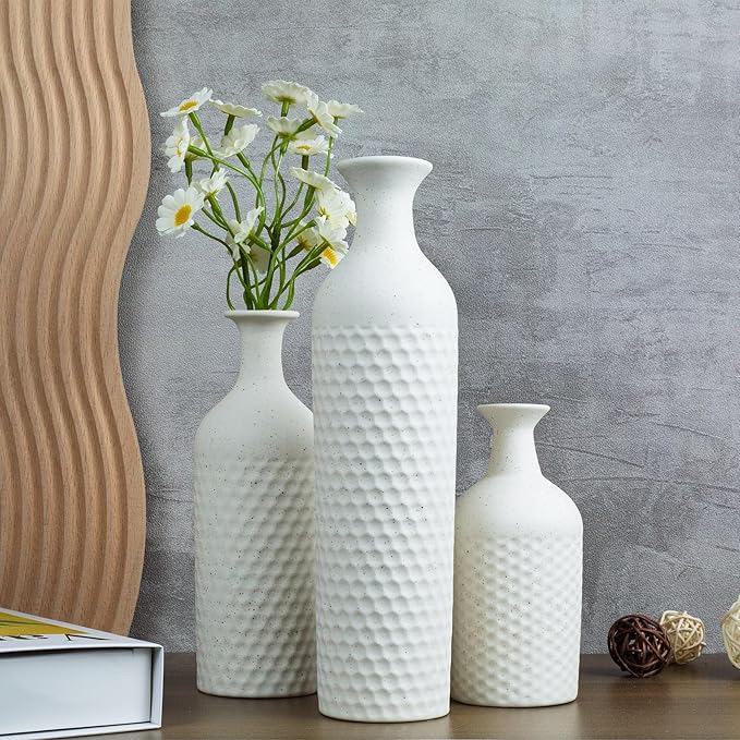 Small Ceramic Vases Set for Home Decor, Textured Matte Finish Honeycomb Texture, Modern Farmhouse Vases for Coffee Table, Bookshelf, Kitchen, Bathroom, Office Desk Decor (Beige)