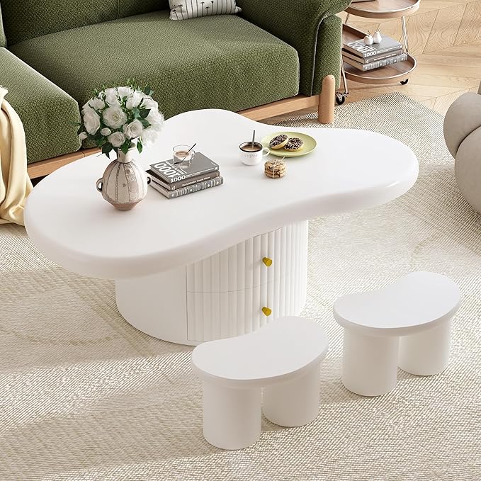 38.2" Cloud Coffee Table with Storage Drawers Irregular Coffee Table with Stools for Living Room Modern Cute Coffee Tables Low Small Center Table for Small Space Apartment Cream White