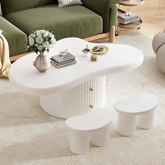 38.2" Cloud Coffee Table with Storage Drawers Irregular Coffee Table with Stools for Living Room Modern Cute Coffee Tables Low Small Center Table for Small Space Apartment Cream White