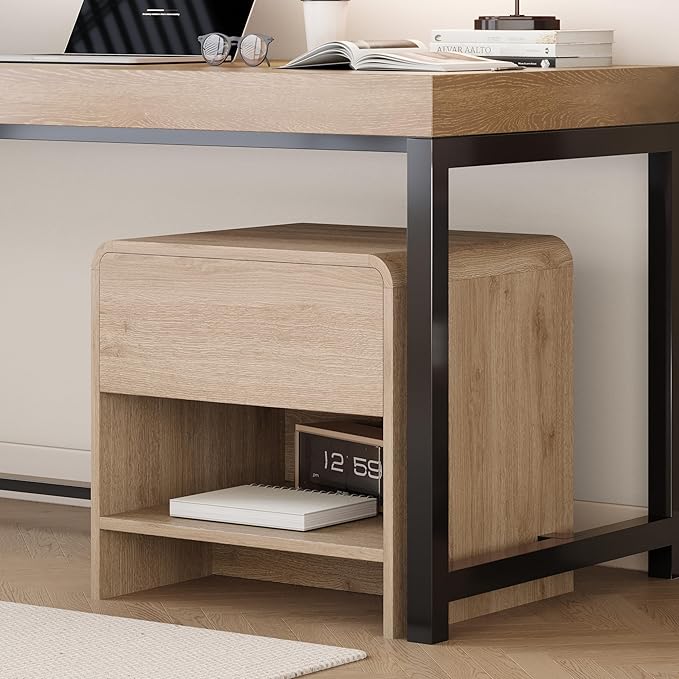 Nightstand with Drawer and Open Shelf, Wood Bedside Table Farmhouse End Table for Bedroom, Boho Night Stand Small Sofa Side Table for Living Room, Light Oak