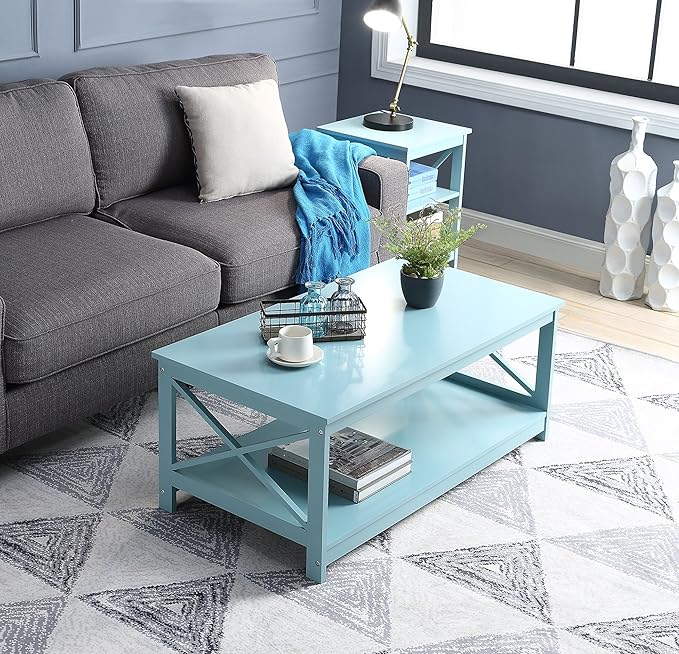 Convenience Concepts Oxford Coffee Table with Shelf, Sea Foam Blue