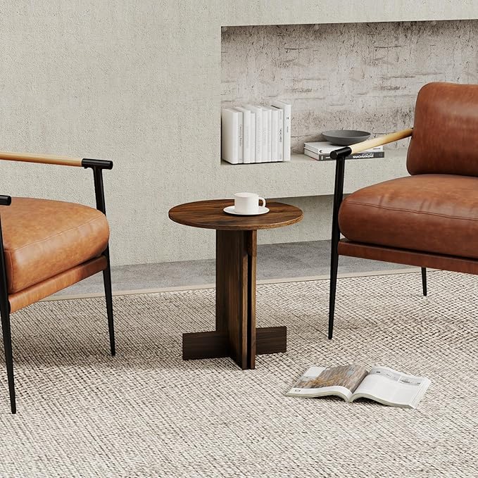 Wooden Round Side Table, Small Drink End Table, Cocktail Table, Modern Accent Night Stand with Wooden Base, Plants Stand for Living Room/Bedroom, Corners, Office, Small Space, Walnut