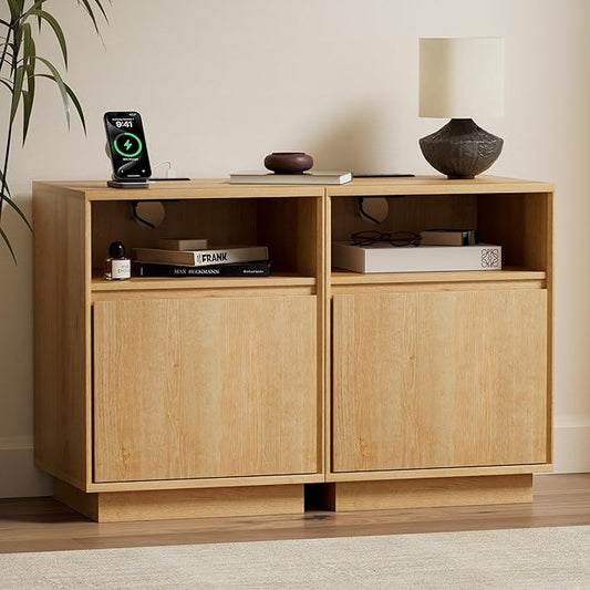 Farmhouse Night Stand Set of 2, Wood End Table with Door & Charging Station, Bedside End Tables for Bedroom, Sofa, Natural Oak