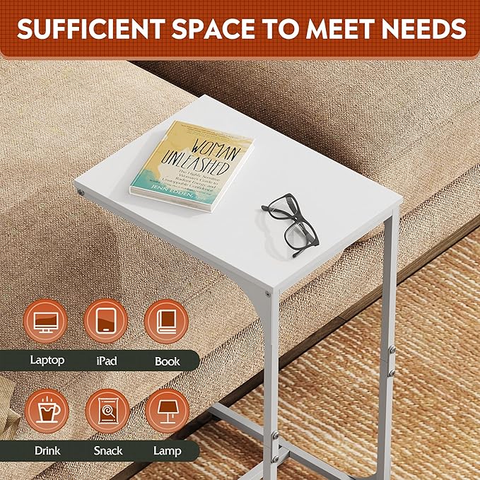 WLIVE C Shaped End Table, Small Couch Side Tables with Metal Frame, Sofa Table TV Tray for Living Room, Bedroom, White