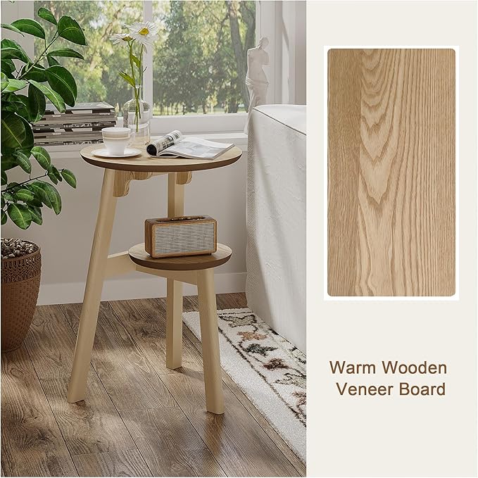 ChooChoo Round End Table for Small Spaces, Narrow Side Table, Accent Table Night Stand with 2 Tier Shelf for Bedroom and Living Room, Natural