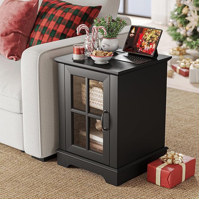 LINSY HOME End Table with Charging Station, Modern Side Table with Storage Cabinet and Adjustable Shelf, Small Sofa Table for Living Room, Home Office, Black