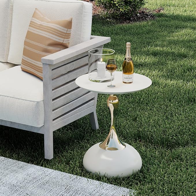 Metal Round End Table,Modern Pedestal Table,Corner Drink Tables,Accent Side Table Nightstand for Living Room,Patio and bar (Cream White)
