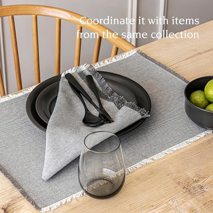 Over&Back Set of 4 Woven Frayed Chambray Placemats - Colorful Dining Table Mat - Hand-Finished Frayed Edges - 100% Cotton - Machine Washable - Kitchen and Home Decor - Grey - 14" L X 20" W