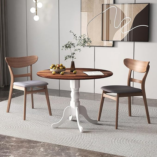 Giantex Round Dining Table, 39" D X 29" H, Rubber Wood Pedestal Table W/Round Tabletop & Curved Trestle Legs, 4-Person Dinner Table for Kitchen, Dining Room, Restaurant (Walnut & White)