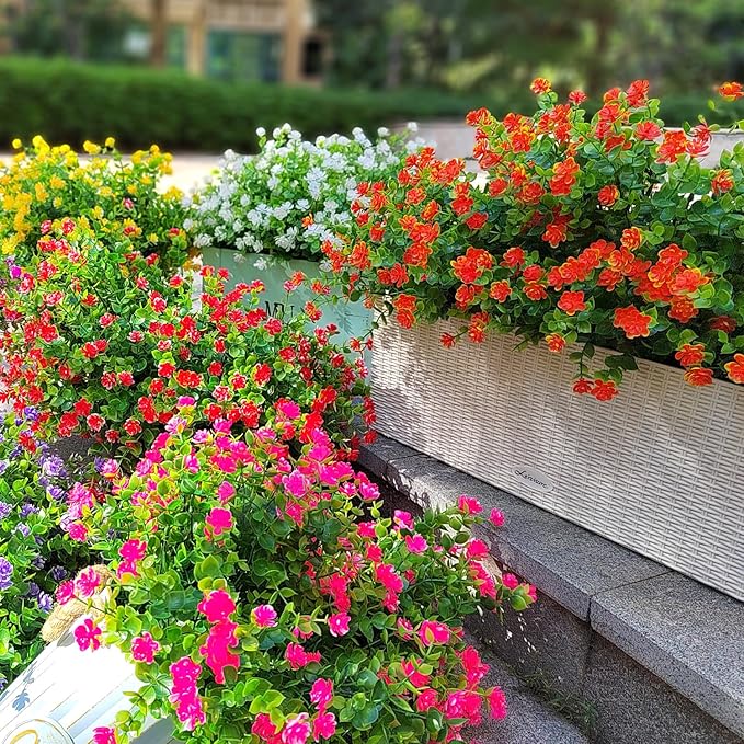 12 Bundles Artificial Flowers for Outdoors, UV Resistant Fake Flowers with Plastic Plants, Faux Flowers for Outside Window Box Front Porch Hanging Planter Decor(Orange Red)