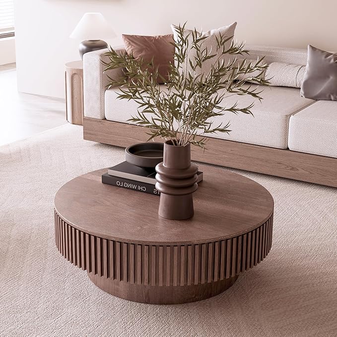 39.37 Inch Round Drum Coffee Table with Storage, Handcraft Fluted Drum Coffee Table, Modern Wooden Round Coffee Table Center Table with Sturdy Pedestal for Living Room Apartment(Walnut)