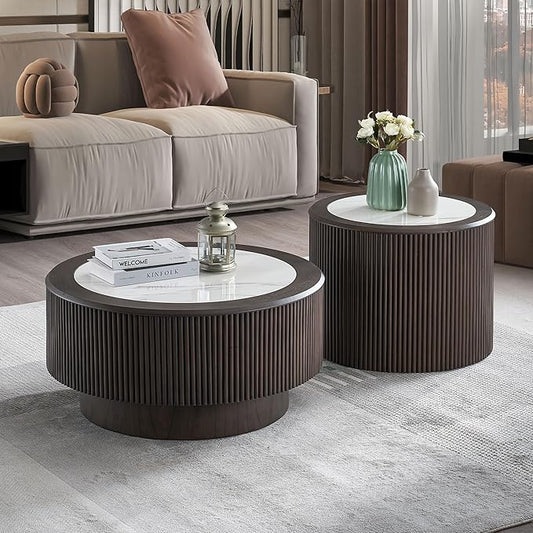 Nesting Coffee Table Set of 2, Modern Round Wooden Circle Accent Coffee Tables for Small Spaces Living Room Bedroom Balcony Office Drum Side Table