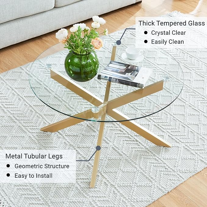 Round Glass Coffee Tables for Living Room, Home Office, Modern & Simple Center Table with Clear Tempered Glass Top, 35.5" Wx19.7 H Gold