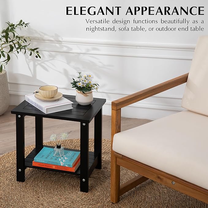 Black Adirondack Outdoor Accent Table – Weather-Resistant Acacia Wood Outdoor End Table with Double Storage, Small Porch Table for Patio, Garden, Lawn, Balcony, and Living Room Use