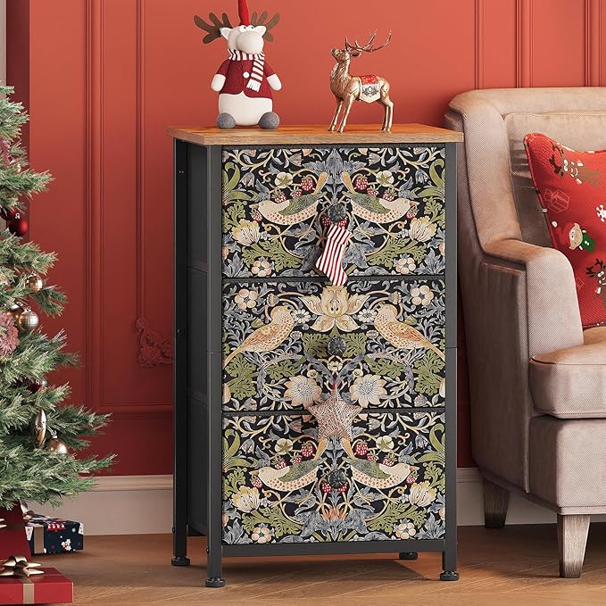 Dresser with 3 Drawers Strawberry Thief Drawer Dresser for Bedroom Vintage Nightstand Small Dressers & Chests of Drawer for Halfway Entryway Living Room Sturdy Steel Frame Wood Top, Brown