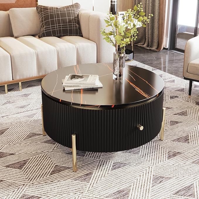 31.5" Round Coffee Table with Storage, Modern Round Coffee Table with 2 Drawers Storage Accent Table Round Black End Table for Living Room,Black