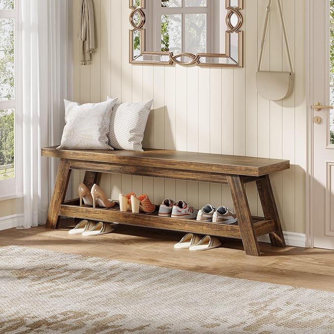 Tribesigns 55" Large Wood Entryway Bench with Shoe Storage, 2-Tier Rustic Brown Narrow Hallway Foyer Seating Bench with Open Shelves for Entryway, Bedroom, Mudroom