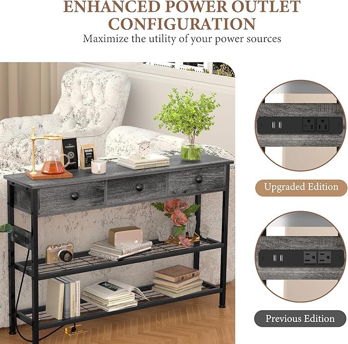GRLEAF 47" Console Table with Outlets & USB Ports – Narrow Entryway Table with 3 Drawers and Storage Shelves, Power Strip Sofa Table for Living Room, Hallway, Kitchen, Foyer – Grey Wood Finish