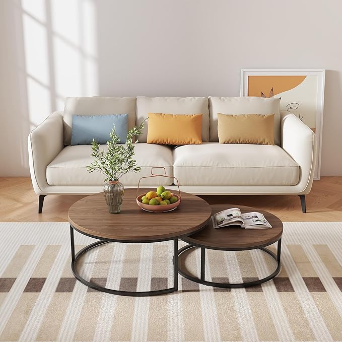 Round Nesting Coffee Table Set of 2, Modern Minimalist Accent Tables for Living Room, Bedroom, Office, Stackable Side Tables (Espresso)