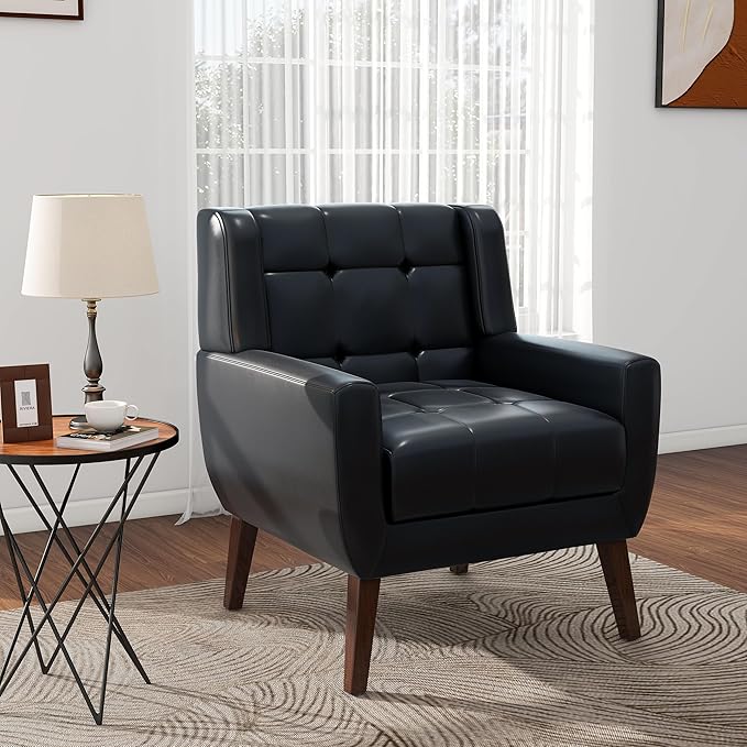 Pia Ricco 2 Pack Mid Century Modern Accent Chairs, Button Tufted Faux Leather Armchairs - Easy-Clean Matching Set for Living Room, Durable Sofa Chairs for Home Office & Lounge, Black