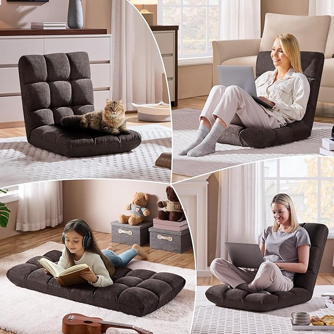 Yaheetech Floor Folding Chair with Back Support, Padded Folding Gaming Sofa Chair with 14 Adjustable Backrest, Adults Couch Recliner, Floor Seating Lounge Chair, Armless Meditation Chair, Brown, 2PCS