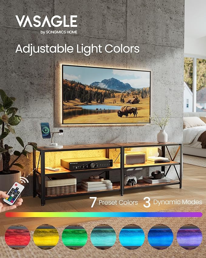 VASAGLE TV Stand with Power Outlets and LED Lights, for TVs up to 65 Inches, Entertainment Center with Open Storage Shelves, TV Console Table for Living Room, Rustic Brown and Ink Black ULTV118K01