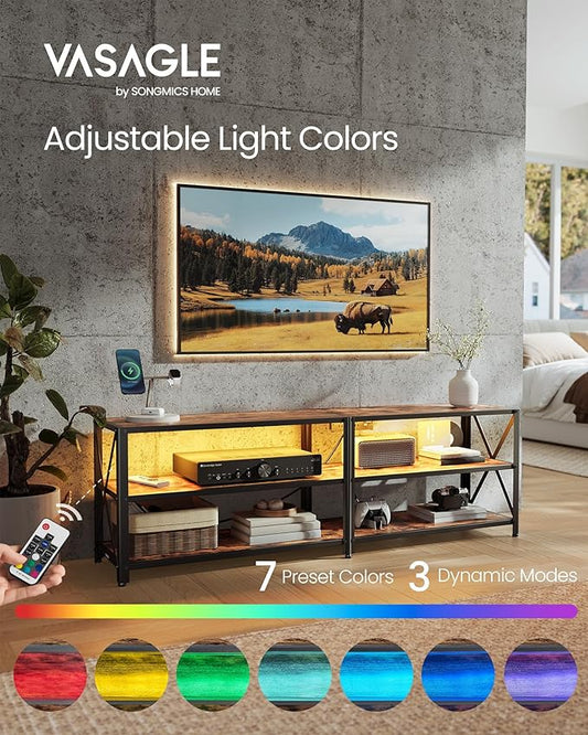 VASAGLE TV Stand with Power Outlets and LED Lights, for TVs up to 65 Inches, Entertainment Center with Open Storage Shelves, TV Console Table for Living Room, Rustic Brown and Ink Black ULTV118K01